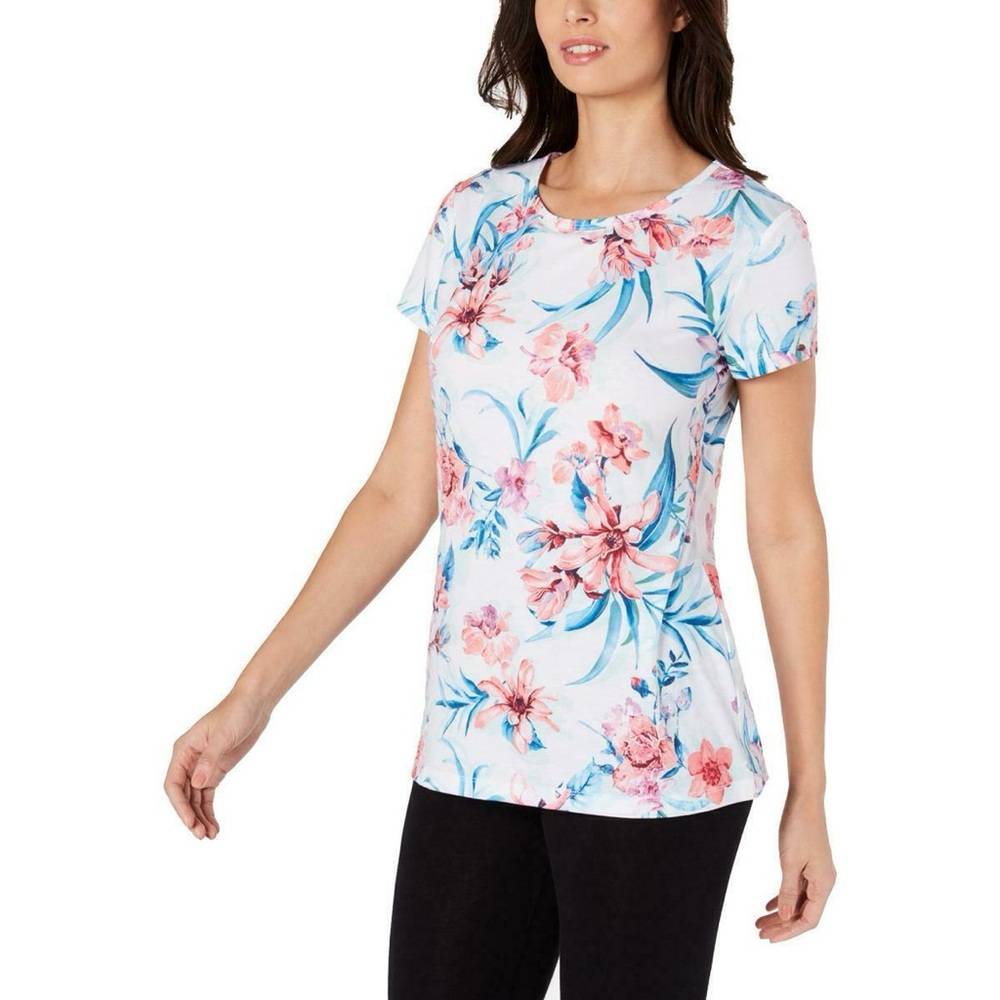 Ideology White Floral Cap Sleeve T Shirt Athletic Fitness Size Large Tropical